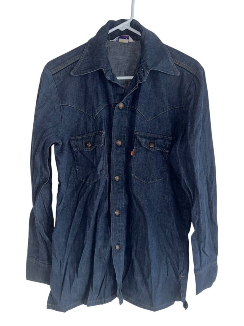 VTG 70s Levi’s Saddleman Western Denim Shirt Orange Tab Made In USA Small Snap